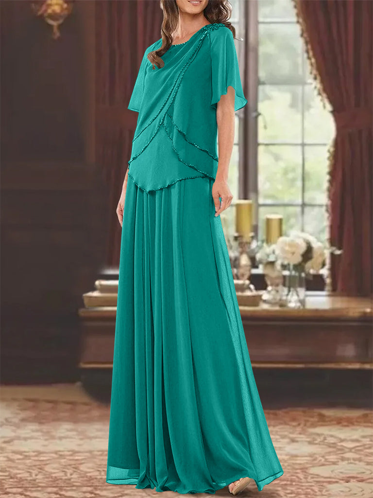Princess A-Line Floor-Length Mother of the Bride Dress with Jewel Neck Short Sleeves Pleats & Beading