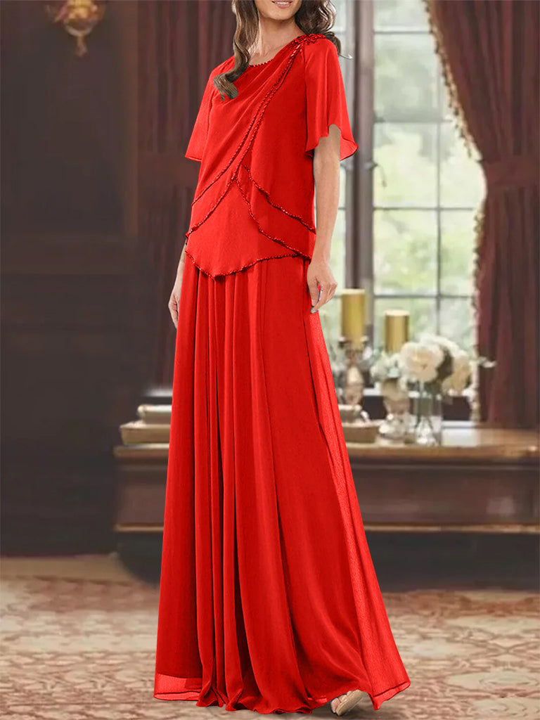 Princess A-Line Floor-Length Mother of the Bride Dress with Jewel Neck Short Sleeves Pleats & Beading