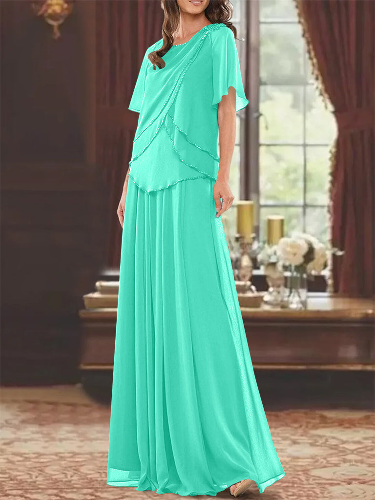 Princess A-Line Floor-Length Mother of the Bride Dress with Jewel Neck Short Sleeves Pleats & Beading
