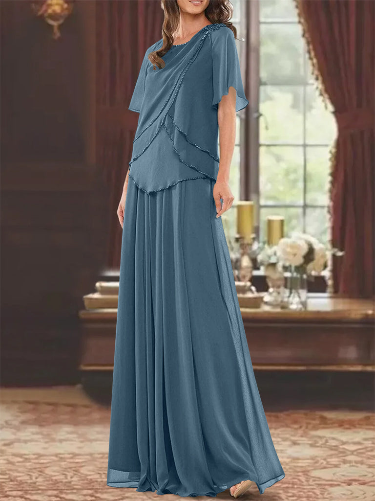 Princess A-Line Floor-Length Mother of the Bride Dress with Jewel Neck Short Sleeves Pleats & Beading
