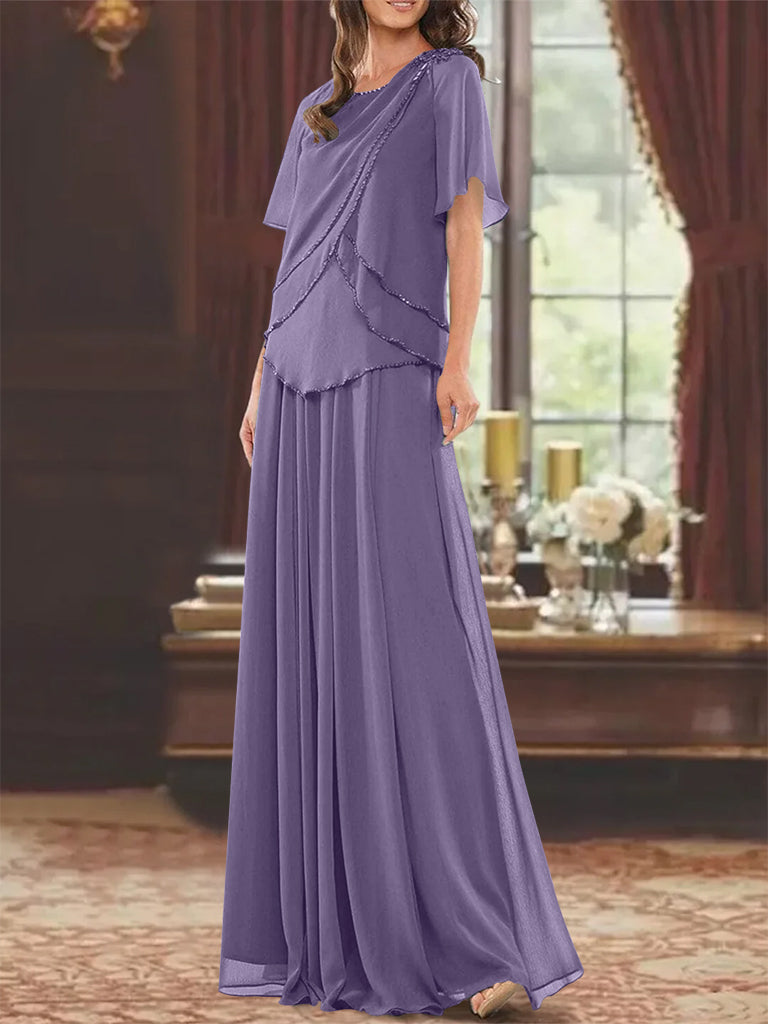 Princess A-Line Floor-Length Mother of the Bride Dress with Jewel Neck Short Sleeves Pleats & Beading