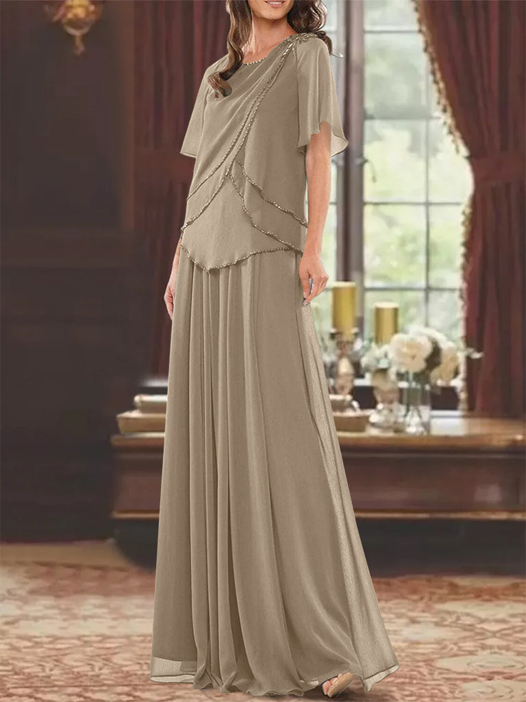 Princess A-Line Floor-Length Mother of the Bride Dress with Jewel Neck Short Sleeves Pleats & Beading