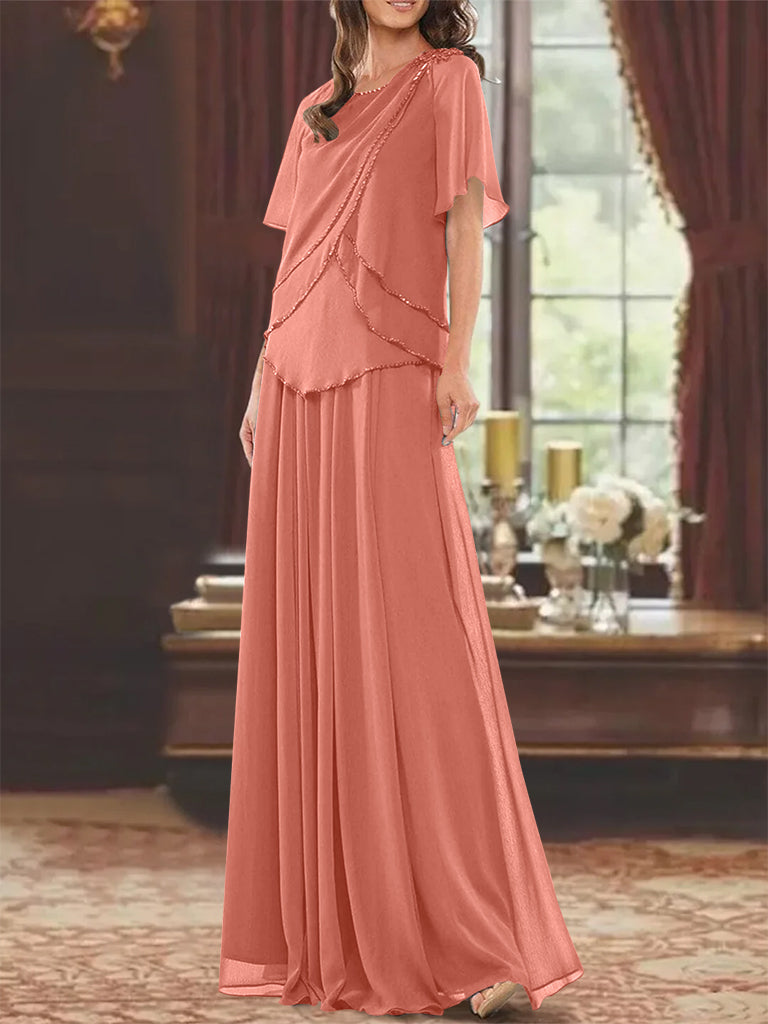 Princess A-Line Floor-Length Mother of the Bride Dress with Jewel Neck Short Sleeves Pleats & Beading