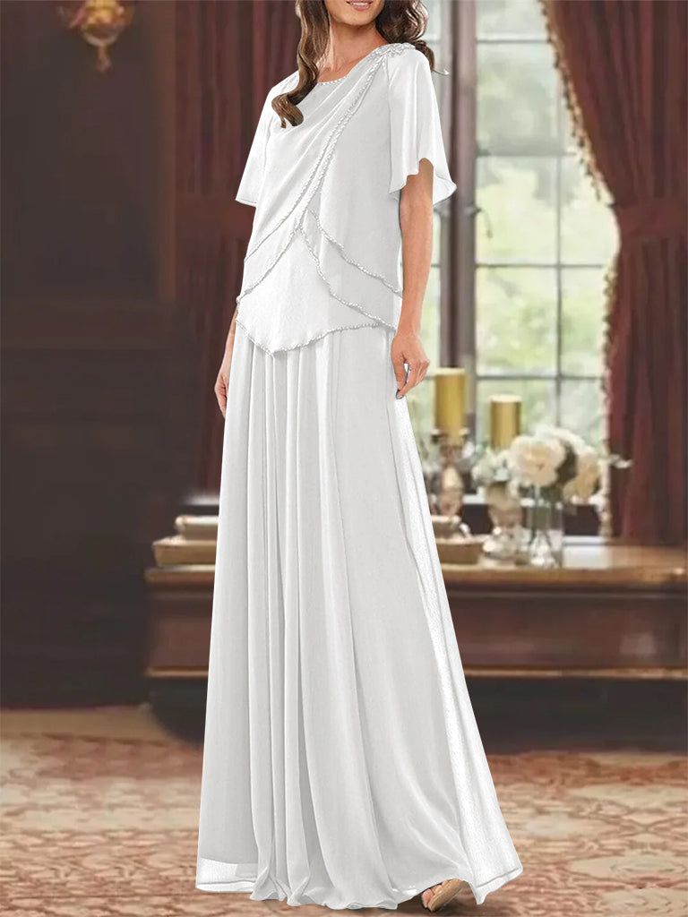 Princess A-Line Floor-Length Mother of the Bride Dress with Jewel Neck Short Sleeves Pleats & Beading