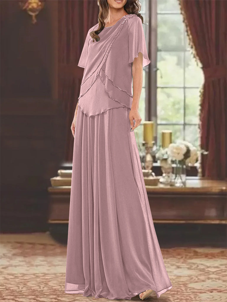 Princess A-Line Floor-Length Mother of the Bride Dress with Jewel Neck Short Sleeves Pleats & Beading