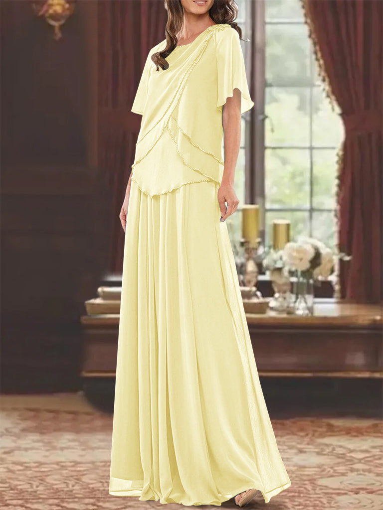 Princess A-Line Floor-Length Mother of the Bride Dress with Jewel Neck Short Sleeves Pleats & Beading