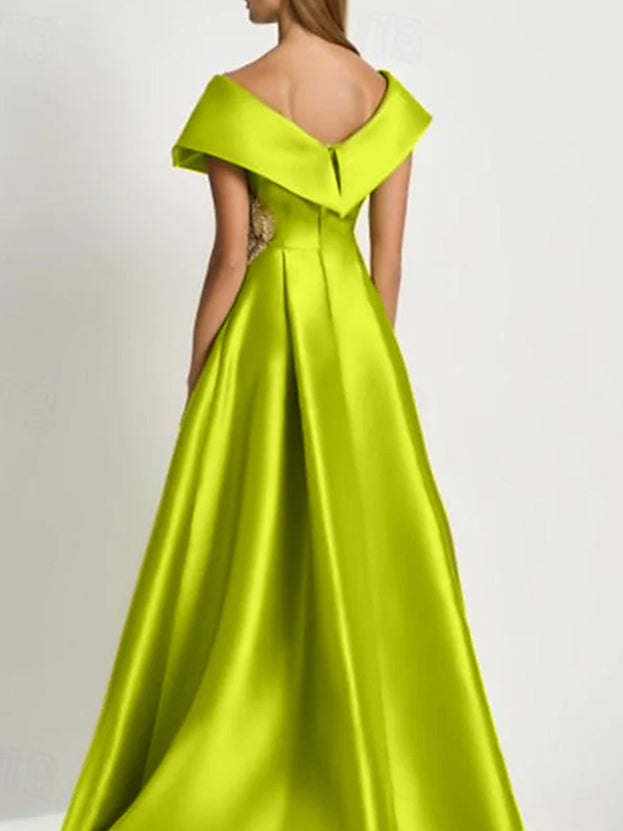 Short Sleeve V-Neck Satin A-Line Dress with Rhinestones for the Mother of the Bride