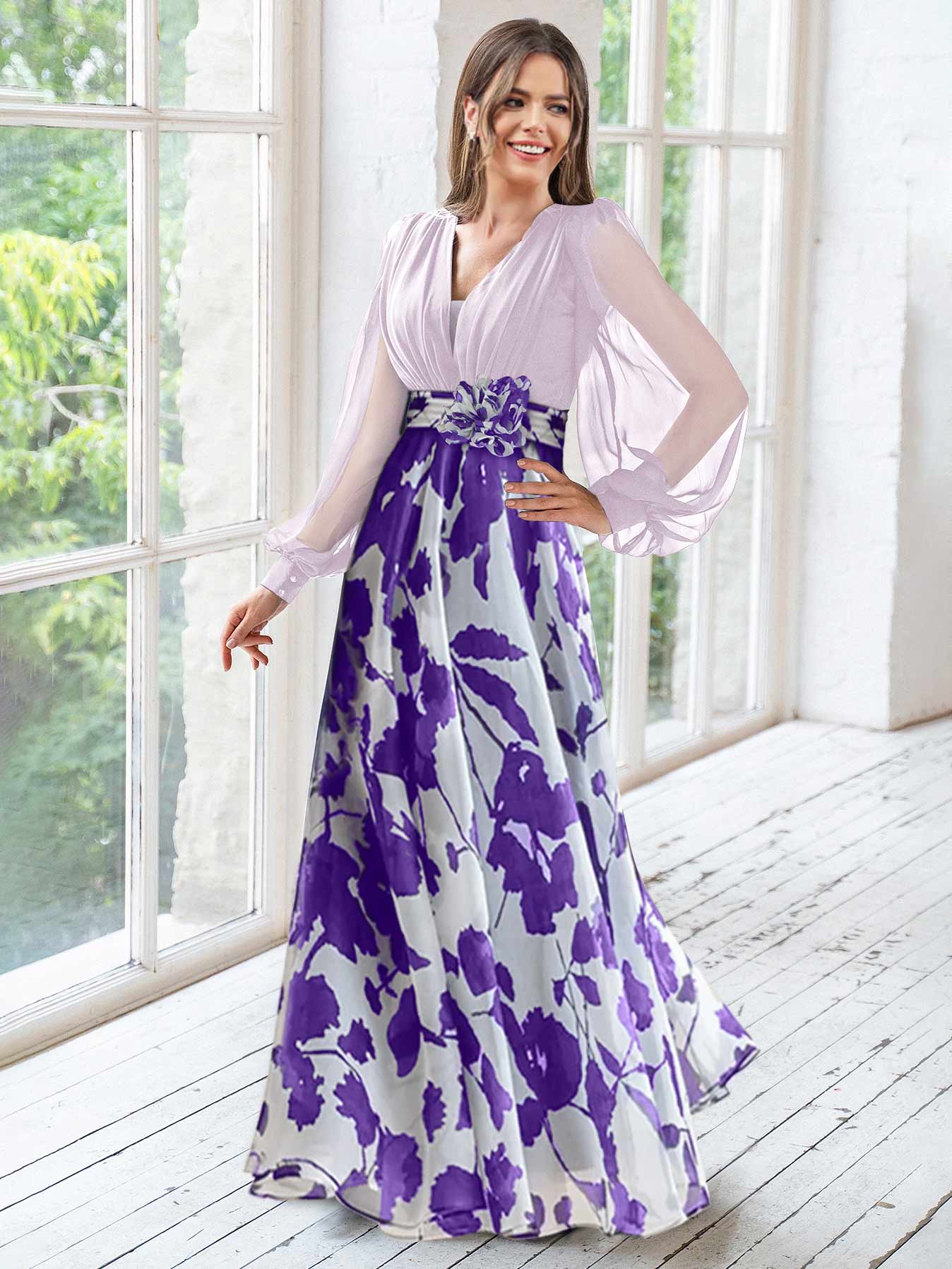 Floral Plus Size Mother of the Bride Dress with V-Neck and Long Sleeves