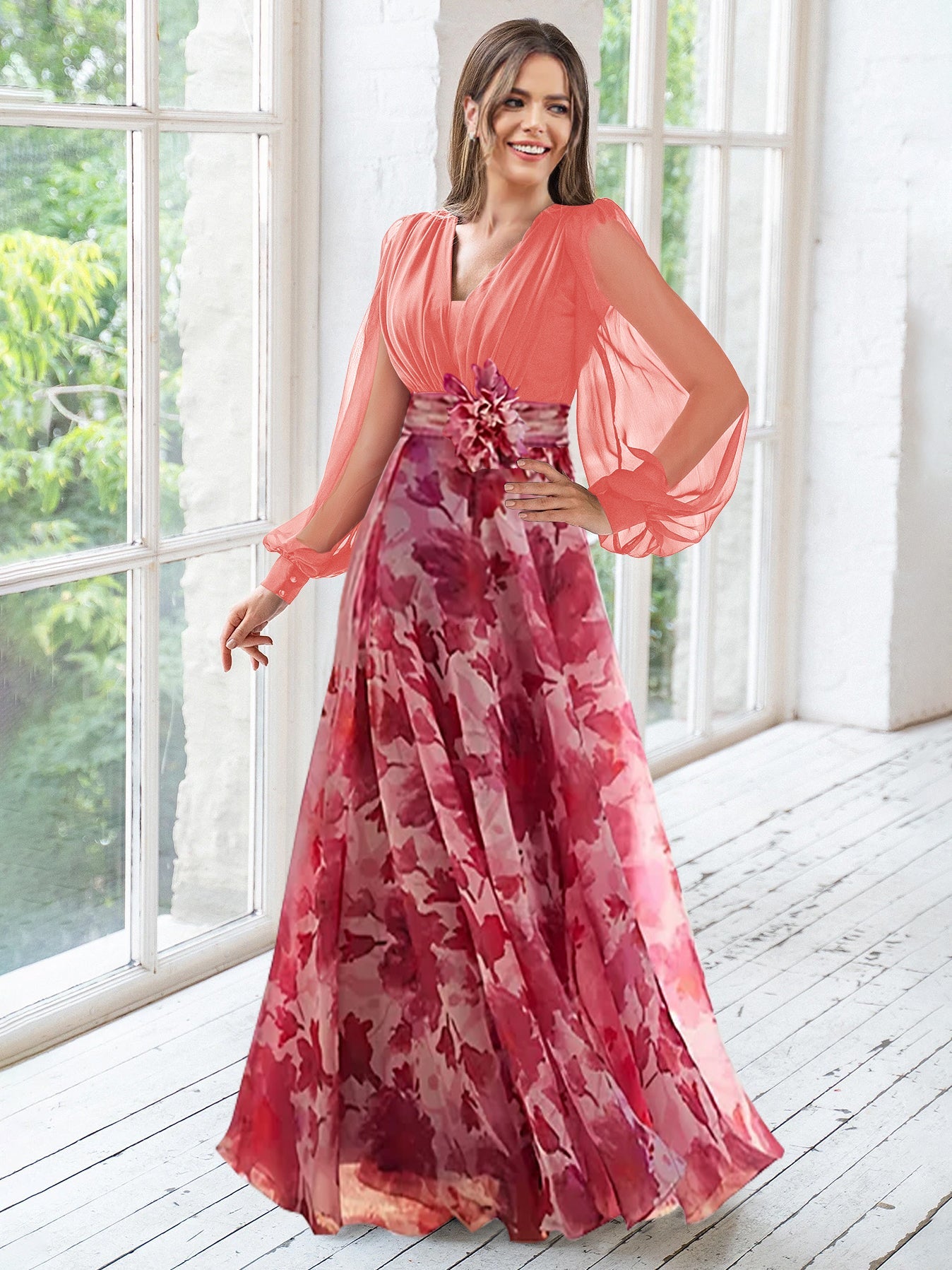 Floor-Length Floral Mother of the Bride Princess V-Neck A-Line Dress With Long Sleeves and Flower