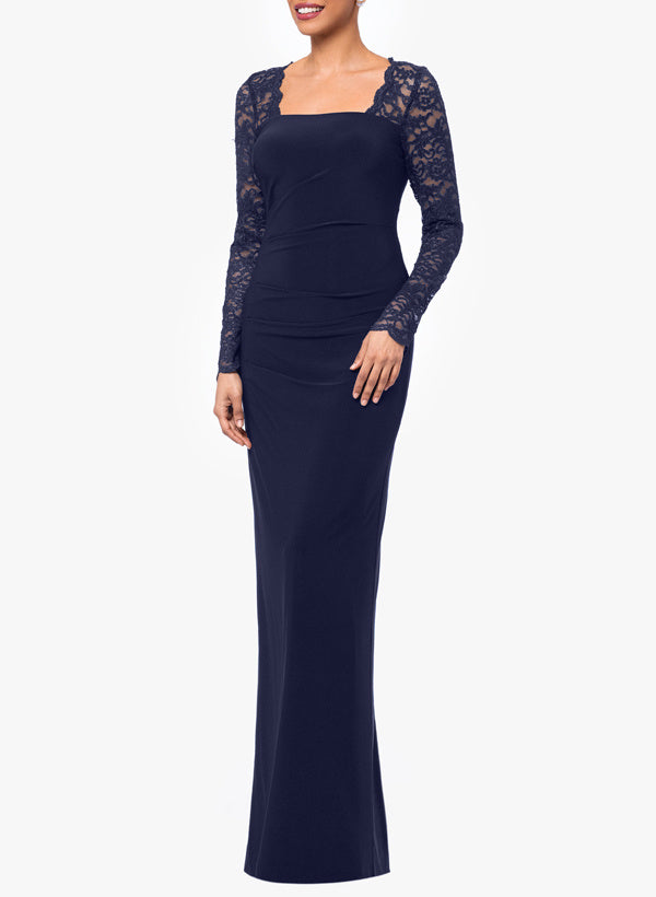 Floor-Length Square Neck Jersey Gown with Long Sleeves and Lace