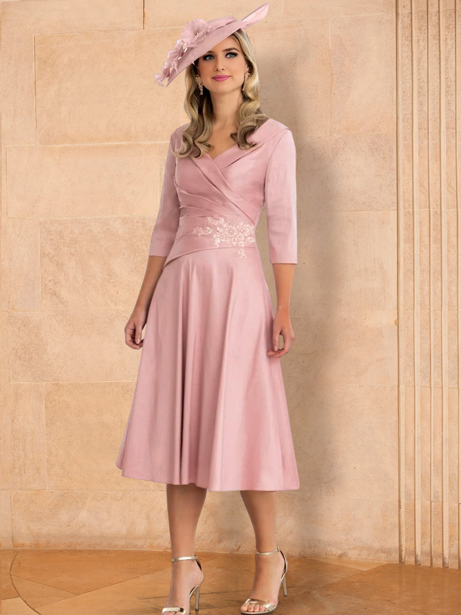 V-Neck A-Line Princess Tea-Length Mother of the Bride Dresses Featuring Applique