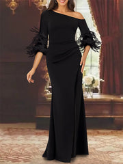 One-Shoulder Long-Sleeve Chiffon Trumpet/Mermaid Mother of the Bride Dress with Feathers