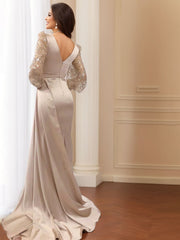 V-Neck Long Sleeve Trumpet/Mermaid Mother of the Bride Dress with Side Split and Ruched Detail