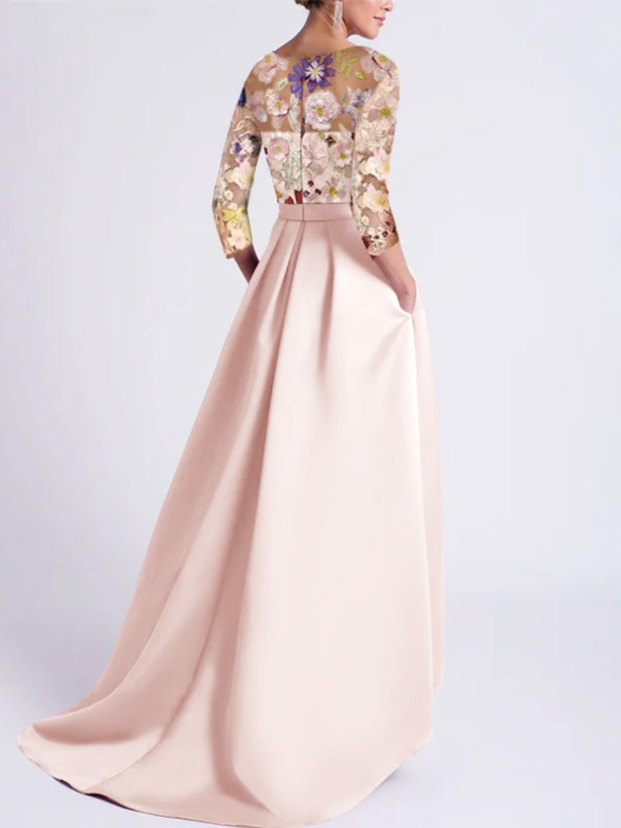 Asymmetrical A-Line Princess Scoop Mother of the Bride Dress with 3/4 Sleeves and Lace Appliques