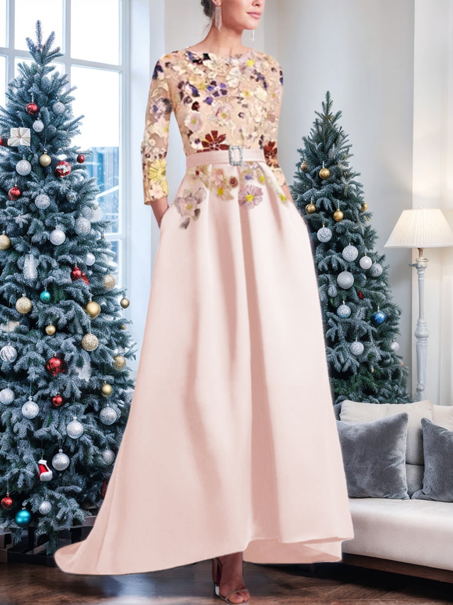 Asymmetrical A-Line Princess Scoop Mother of the Bride Dress with 3/4 Sleeves and Lace Appliques