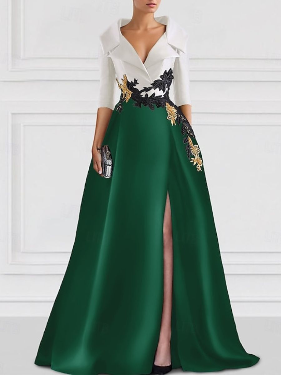 V-Neck A-Line Princess Floor-Length Mother of the Bride Dress with Side Split and Appliques