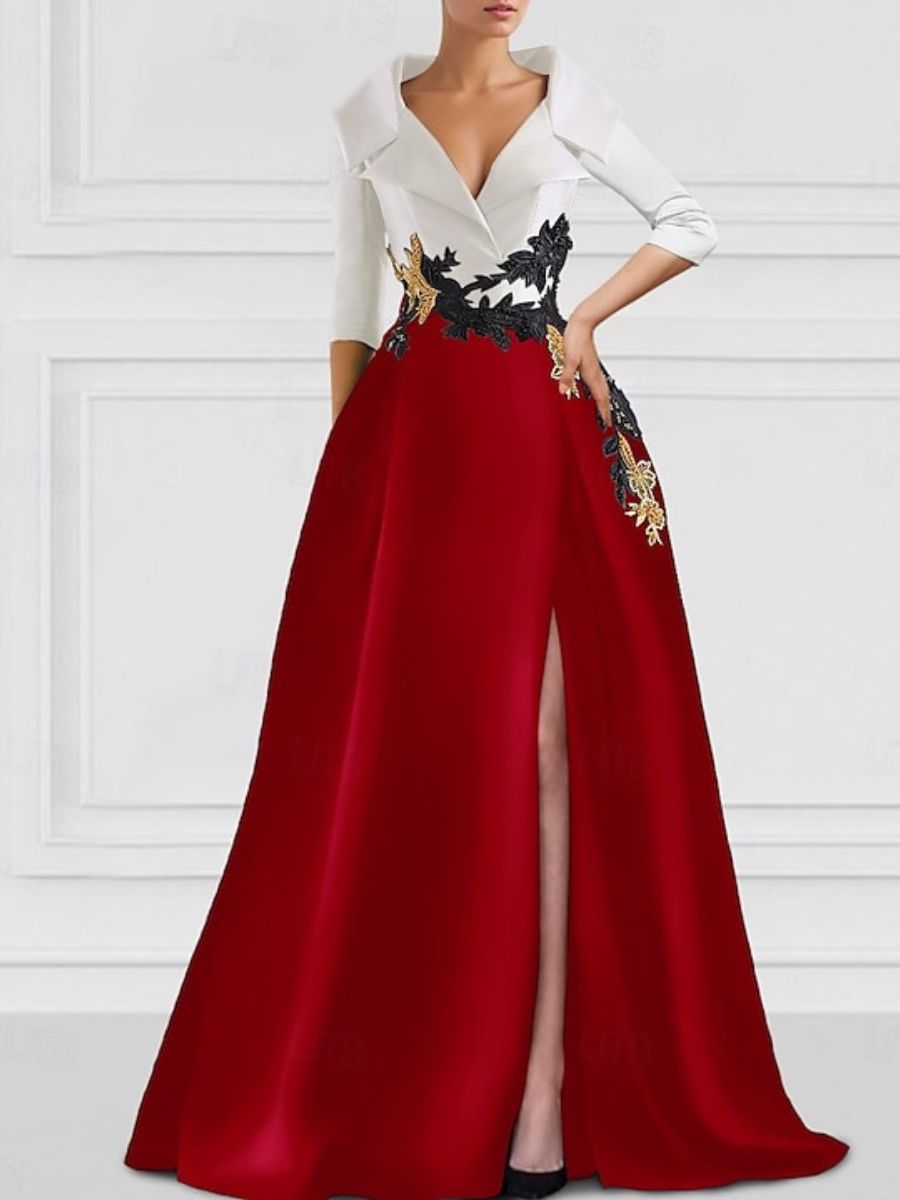 V-Neck A-Line Princess Floor-Length Mother of the Bride Dress with Side Split and Appliques