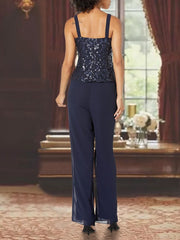 Ankle-Length 3-Piece Chiffon Pantsuit With Square Neck And Applique For Mother Of The Bride