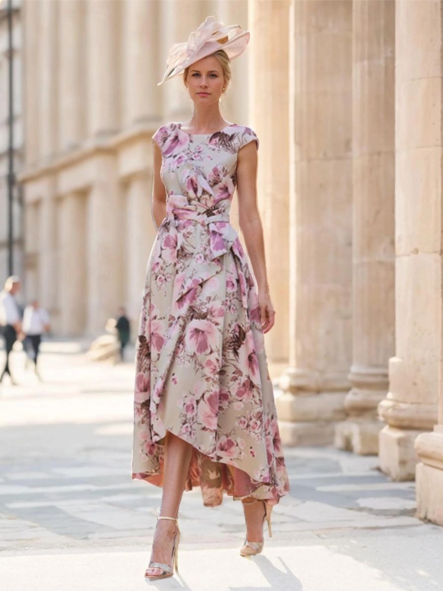 Princess A-Line Scoop Neck Short Sleeve Floral Print Mother of the Bride & Groom Dress