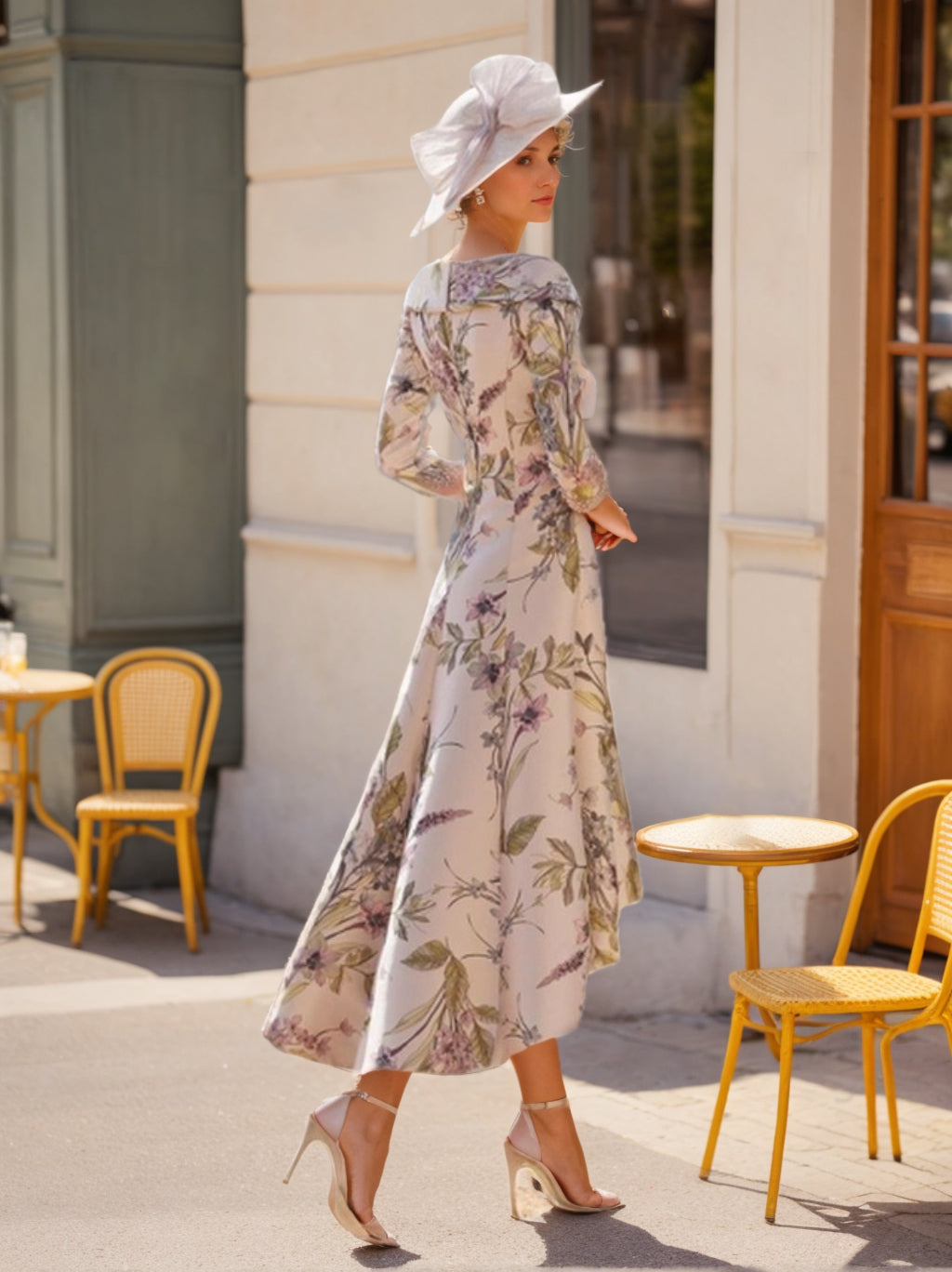 V-Neck A-Line Princess Dress with 3/4 Sleeves and Asymmetrical Floral Print for Mothers of the Bride & Groom
