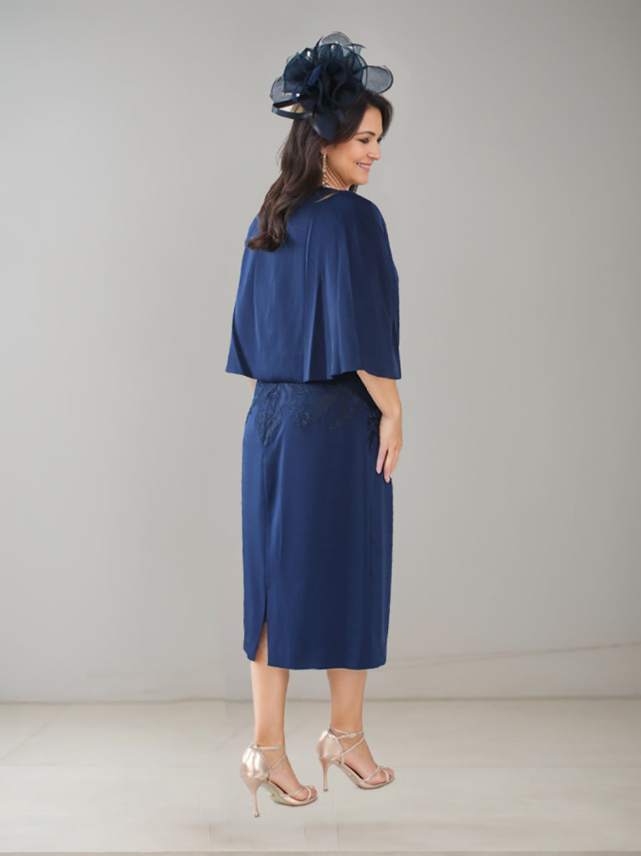 Plus Size V-Neck Tea-Length Mother of the Bride Sheath Dress with Rhinestones & Appliques