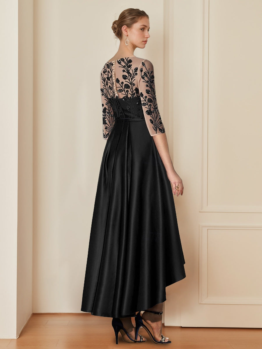 Mother of the Bride A-Line Princess Dress with Scoop Neck 3/4 Sleeves and Asymmetrical Appliques