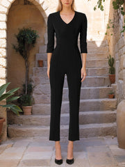 Mother of the Bride V-Neck Pantsuit with 3/4 Sleeves and Flower Belt