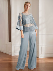 Mother of the Bride 2-Piece Chiffon Pantsuit Featuring Lace Appliques and Sequins