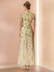 V-Neck Floral A-Line Mother of the Bride Dress with Short Sleeves and Embroidery
