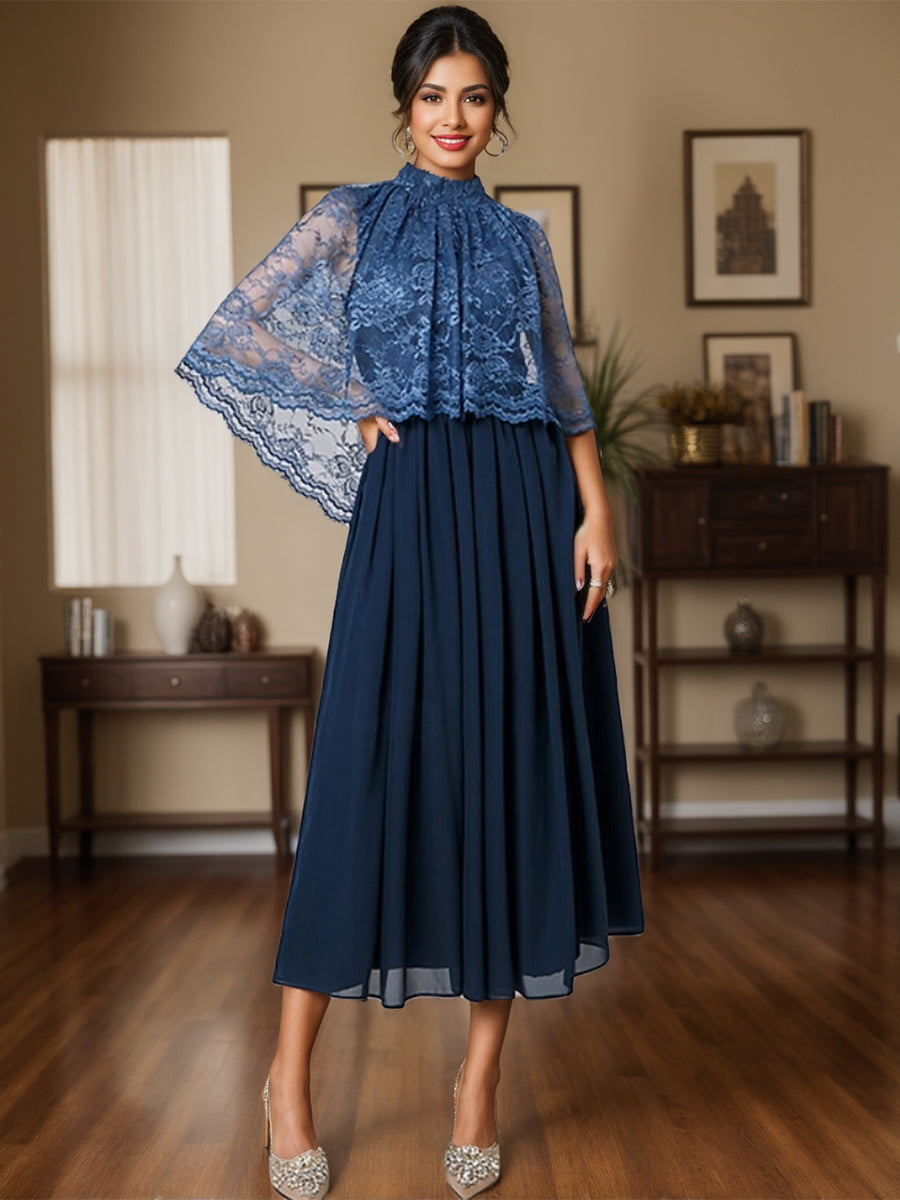Chiffon Tea-Length A-Line Dress with High Neck and Lace Appliques for Mothers of the Bride & Groom