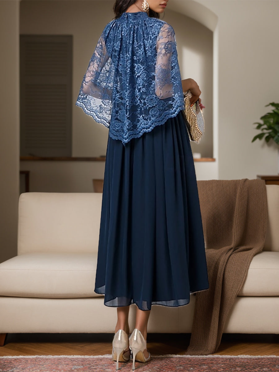 Chiffon Tea-Length A-Line Dress with High Neck and Lace Appliques for Mothers of the Bride & Groom