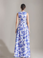 Elegant Printed Floral Floor-Length A-Line Dress with V-Neck and High Split for Mothers of the Bride & Groom