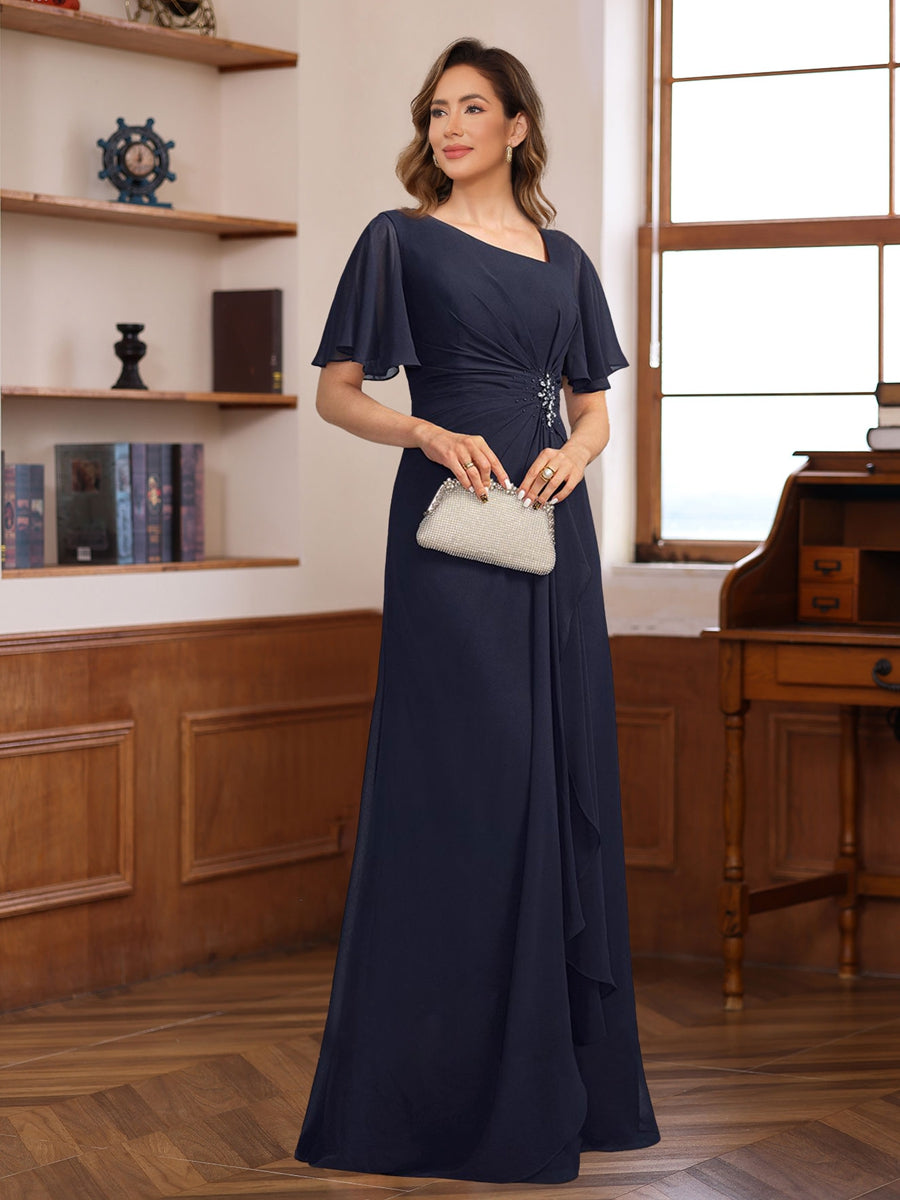 V-Neck A-Line Chiffon Dress with Short Sleeves Ruffles & Appliques for the Mother of the Bride or Groom