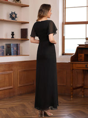Pleated A-Line Mother of the Bride & Groom Dress with Scoop Neck Half Sleeves and Beadings