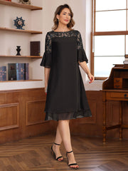 Knee-length A-line Princess Dress with Round Neck Half Sleeves Lace Appliques and Ruffles for Mothers of the Bride & Groom