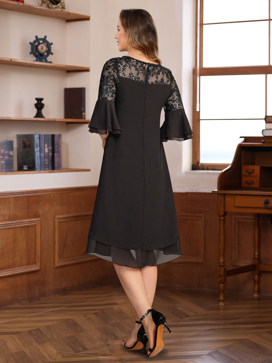 Knee-length A-line Princess Dress with Round Neck Half Sleeves Lace Appliques and Ruffles for Mothers of the Bride & Groom