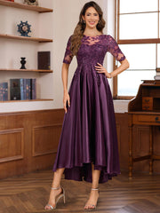 Elegant A-Line Princess Round Neck Short Sleeve Asymmetrical Mother of the Bride & Groom Dress with Lace Appliques