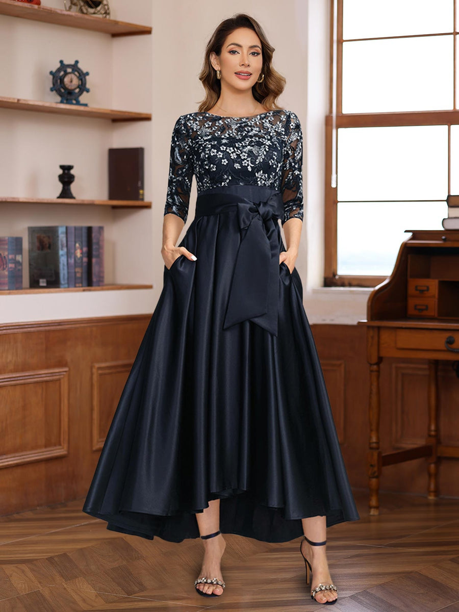 Asymmetrical Lace A-Line Dress with 3/4 Sleeves Appliques & Bow Belt for Mother of the Bride or Groom