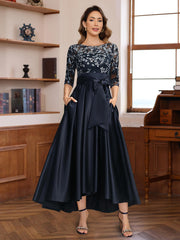 Asymmetrical Lace A-Line Dress with 3/4 Sleeves Appliques & Bow Belt for Mother of the Bride or Groom