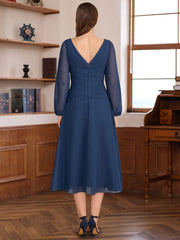 V-Neck A-Line Tea-Length Dress with Long Sleeves Pleats and Appliques for Mothers of the Bride & Groom