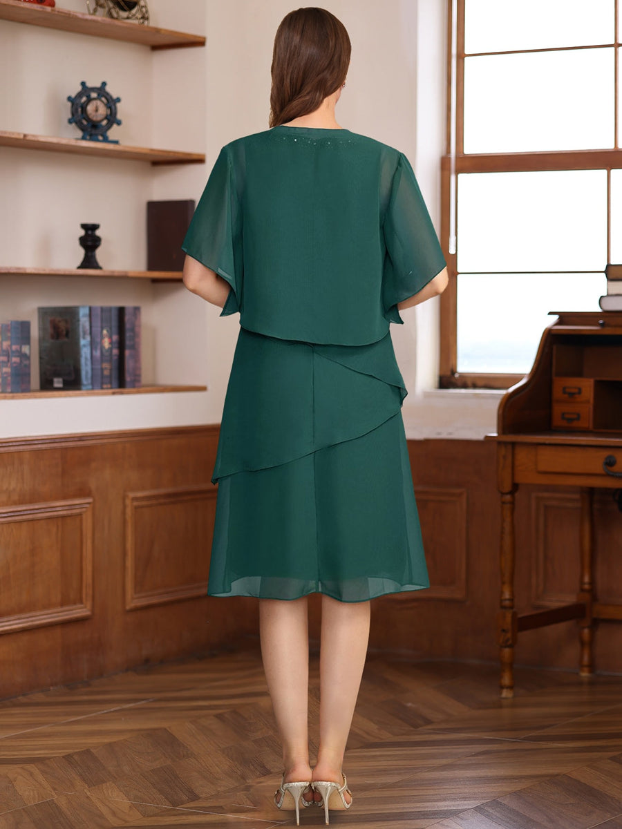 Knee-Length V-Neck A-Line Princess Dresses for Mothers of the Bride & Groom Featuring a Jacket with Sequins