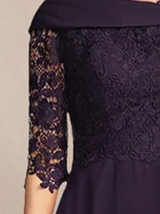 V-Neck A-Line Princess Tea-Length Dress with Half Sleeves and Lace Appliques for Mothers