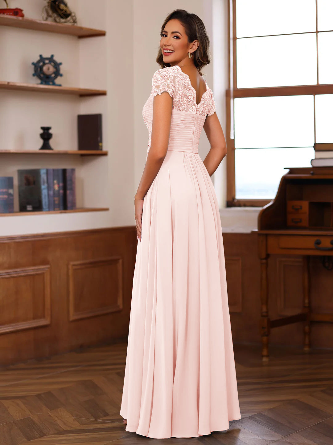 V-Neck A-Line Princess Short Sleeve Dress with Pleats Ruffles & Appliques for Mother of the Bride & Groom