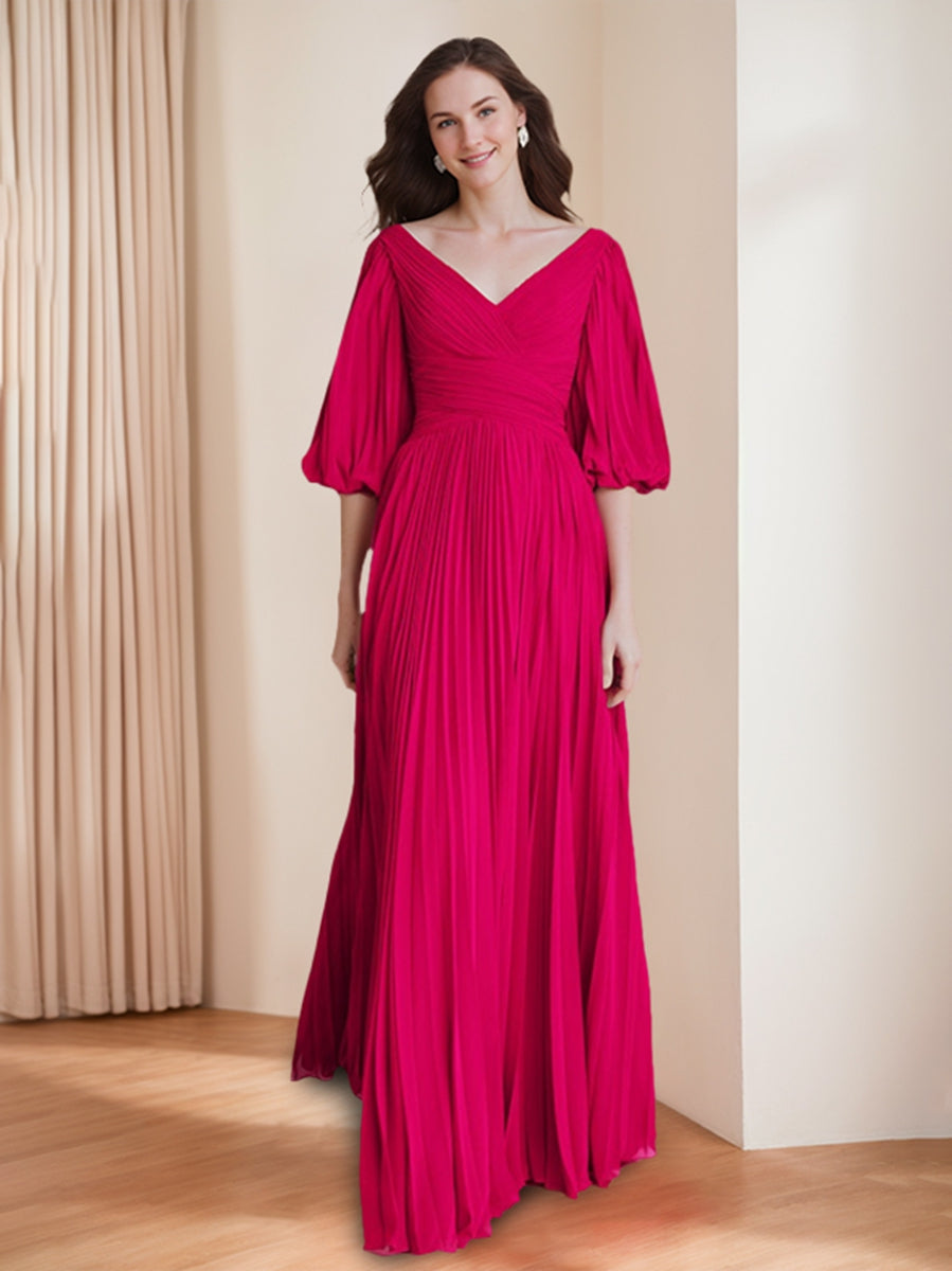 Chic V-Neck A-Line Princess Dress with 3/4 Sleeves and Pleated Chiffon for Mothers of the Bride & Groom
