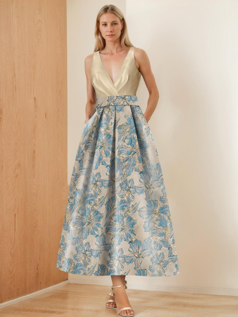 V-Neck Sleeveless A-Line Princess Ruched Floral Printed Mother of the Bride Dress