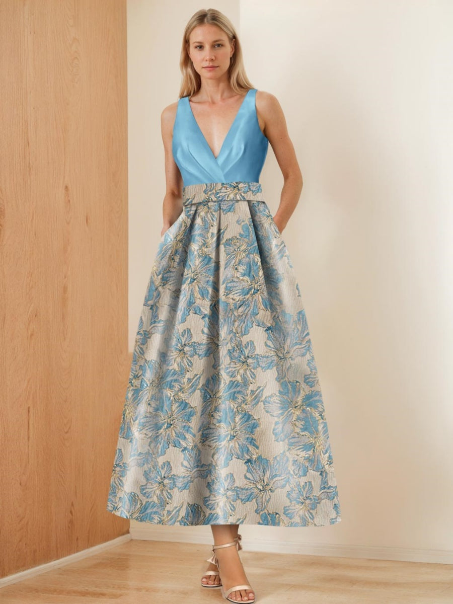 V-Neck Sleeveless A-Line Princess Ruched Floral Printed Mother of the Bride Dress