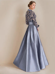 Princess A-Line Floor-Length Mother of the Bride Dresses with Shirt Collar Long Sleeves Appliques & Flower Belt