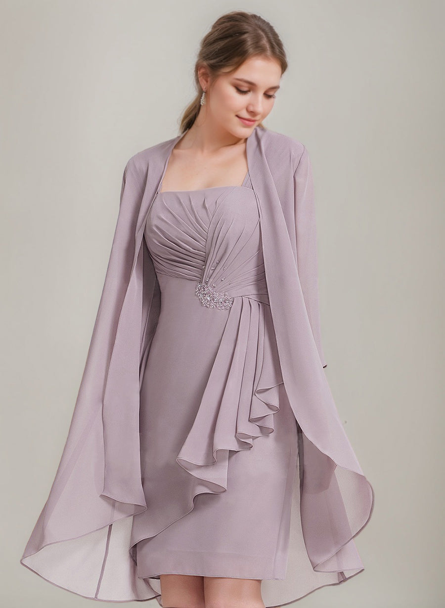 Square Neckline 3/4 Sleeve Knee-Length Sheath/Column Mother of the Bride Dress with Jacket Ruffles Pleats and Beads