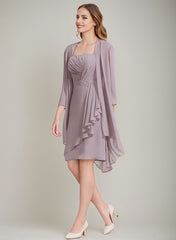Square Neckline 3/4 Sleeve Knee-Length Sheath/Column Mother of the Bride Dress with Jacket Ruffles Pleats and Beads