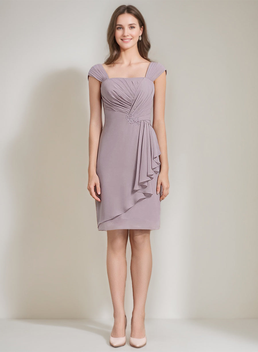 Square Neckline 3/4 Sleeve Knee-Length Sheath/Column Mother of the Bride Dress with Jacket Ruffles Pleats and Beads